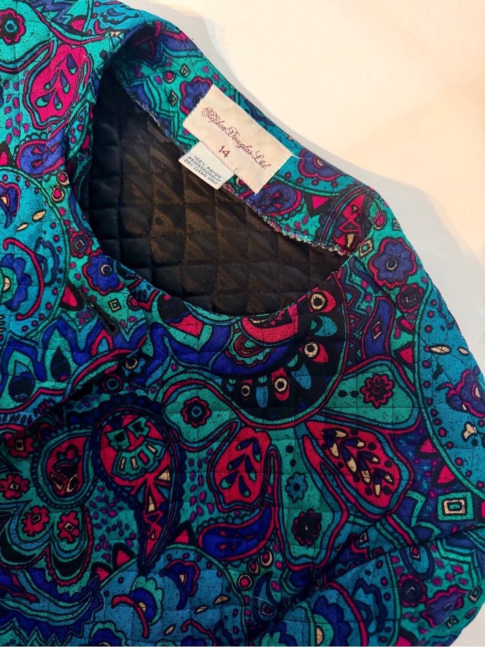 Vintage Teal Paisley Quilted Jacket Size 14 Pink Boho Bold Arsty Grandmacore
